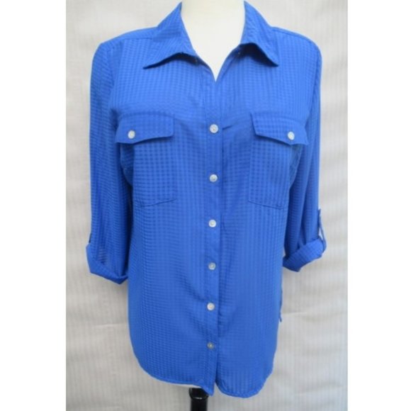 Roll-tab-sleeve front-button blouse Semi-sheer Med blue plaid PL - Picture 1 of 3